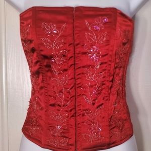 NEW Dolce & Gabbana Floral Embellished Corset Top Red Satin Sequins & Beads Sz M